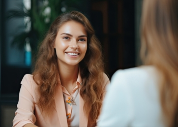 femme souriante en tailleur rose